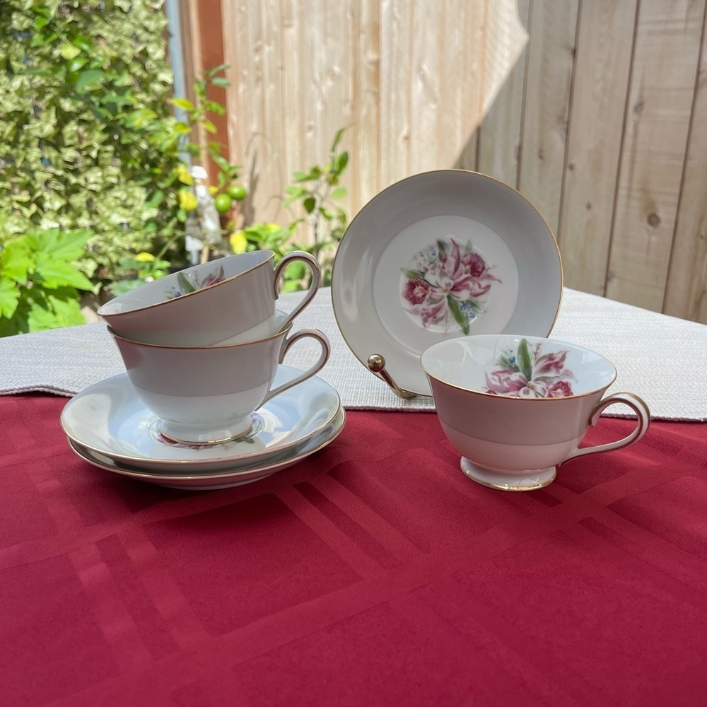 SET of 3 Noritake Margarita Cup & Saucer Sets + One Saucer #5049 Orchid Vintage.
